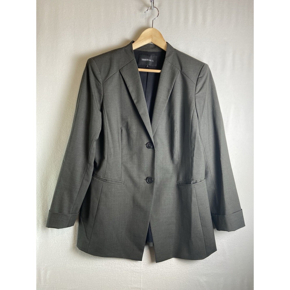 Lafayette 148 New York Blazer Women 14 Gray Virgin Wool Two Button Career Jacket